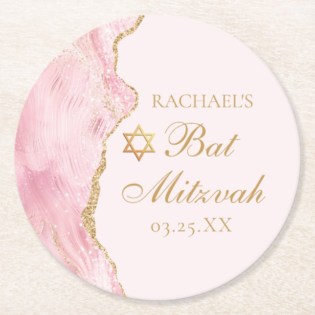 Chic Pink Gold Agate Bat Mitzvah Party Custom Round Paper Coaster (Front)