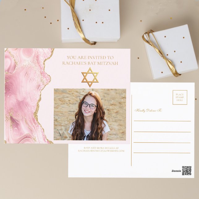 Chic Pink Gold Agate Bat Mitzvah Photo Party Postcard (Creator Uploaded)