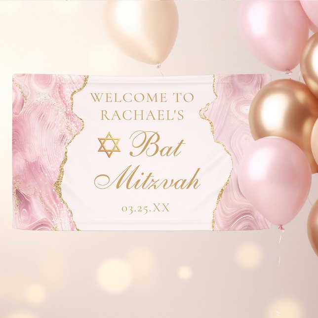 Chic Pink Gold Agate Custom Bat Mitzvah Party Banner (Creator Uploaded)
