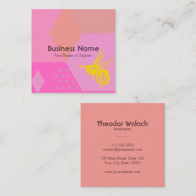 Chic Pink Gold Bee Professional Square Business Card (Front/Back)