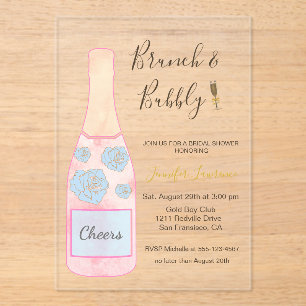 Chic Pink Gold Brunch and Bubbly Champagne Bottle Acrylic Invitations