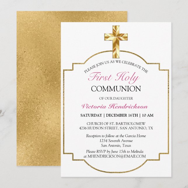 Chic Pink Gold Cross First Holy Communion  Invitation (Front/Back)