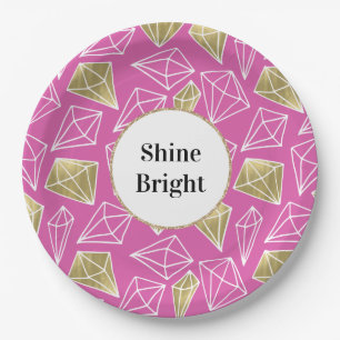 Chic Pink Gold Diamonds Glitter Birthday Paper Plate