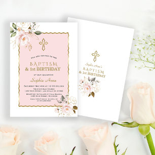 Chic Pink Gold Floral Girl 1st Birthday & Baptism Invitation