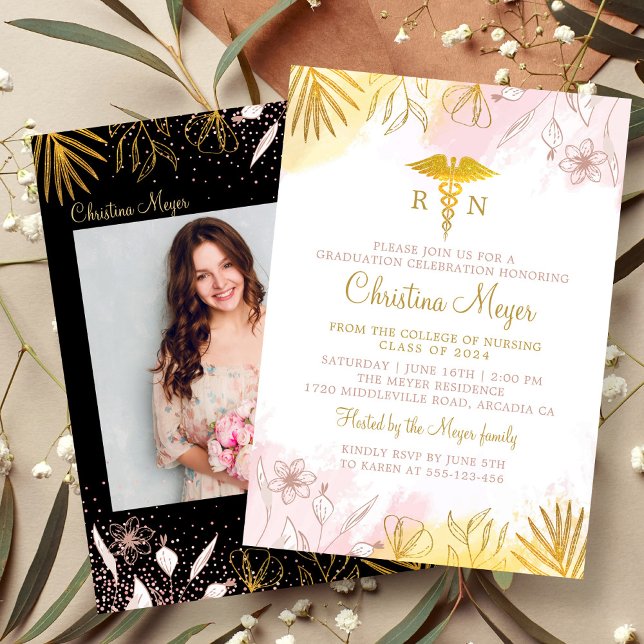 Chic Pink Gold Floral RN Nursing Graduation Photo Invitation (Creator Uploaded)