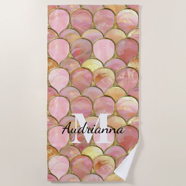 Chic Pink Gold Glam Circles Beach Towel (Front)