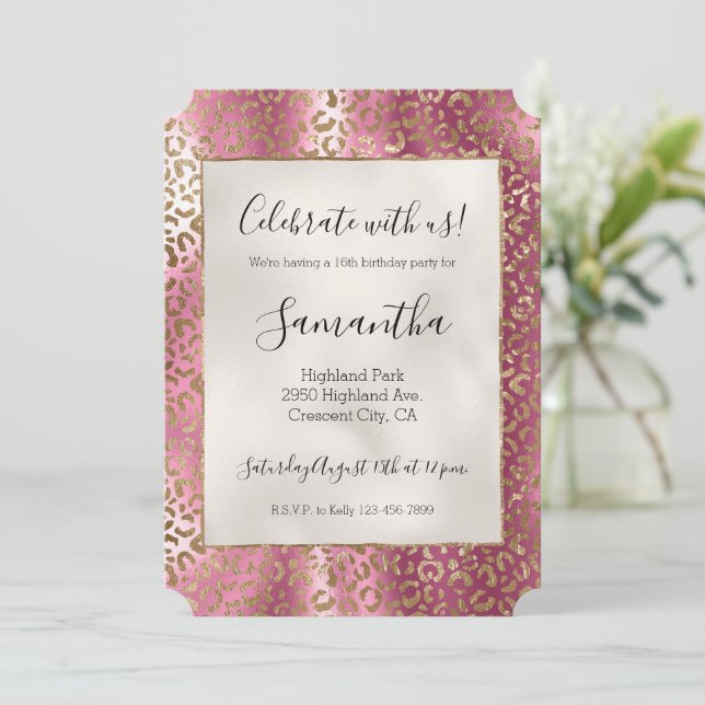 Chic Pink Gold Glam Leopard Print Invitation (Standing Front)