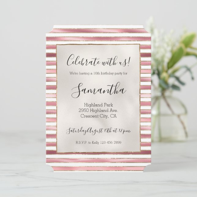 Chic Pink Gold Glam White Stripes Invitation (Standing Front)