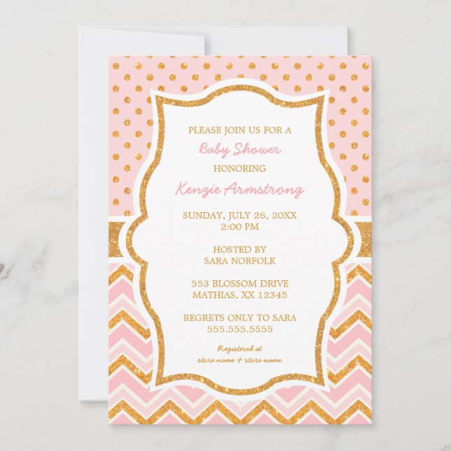 Chic Pink Gold Glitter baby shower invites (Front)