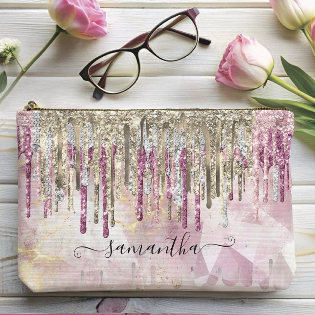 Chic pink gold glitter drips monogram accessory pouch (Creator Uploaded)