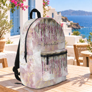 Chic pink gold glitter drips monogram accessory printed backpack