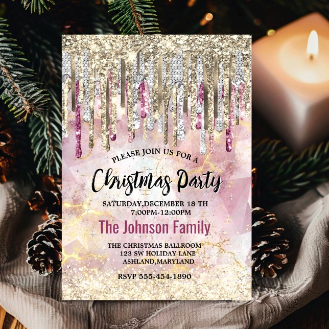 Chic pink gold glitter drips monogram Christmas  Invitation (Creator Uploaded)