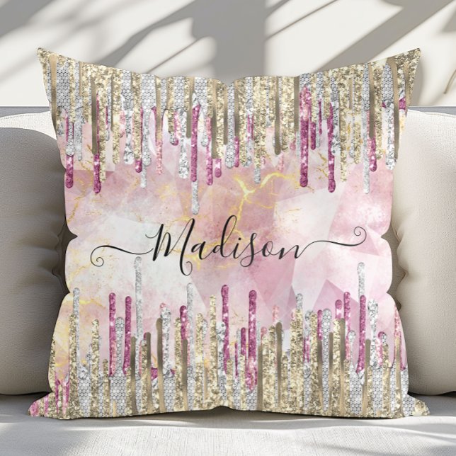 Chic pink gold glitter drips monogram cushion (Creator Uploaded)