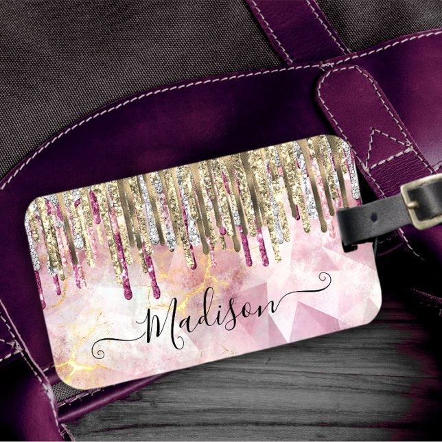 Chic pink gold glitter drips monogram luggage tag (Creator Uploaded)