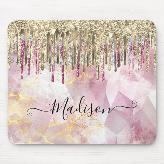 Chic pink gold glitter drips monogram mouse pad (Front)