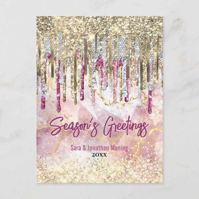 Chic pink gold glitter drips new year Christmas  Postcard (Front)