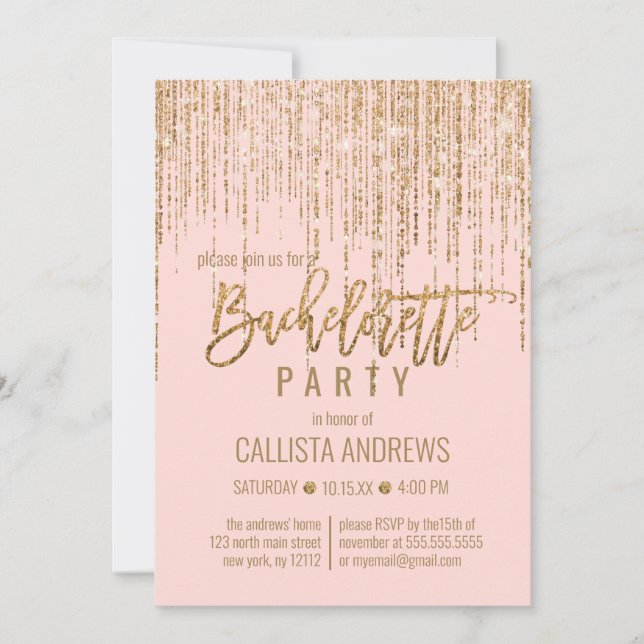 Chic Pink Gold Glitter Fringe Curtain Bachelorette Invitation (Front)