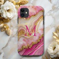 Chic Pink Gold Glitter Marble Agate Monogram