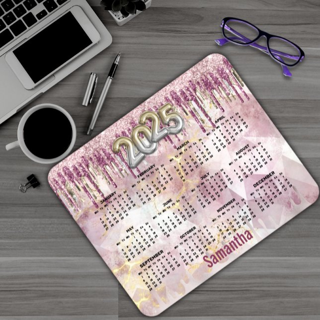 Chic pink gold glitter monogram 2025 calendar  mouse pad (Creator Uploaded)