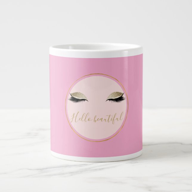 Chic Pink Gold Glitzy Black Eyelashes Large Coffee Mug (Front)