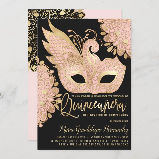Chic Pink Gold Masquerade Mask Español Quinceañera Invitation (Front/Back)