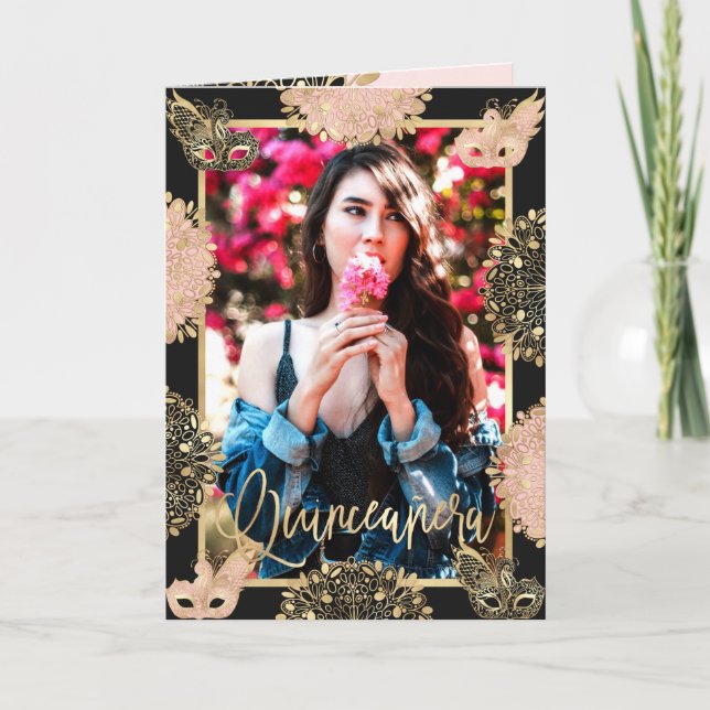 Chic Pink Gold Masquerade Mask Español Quinceañera Invitation (Front)