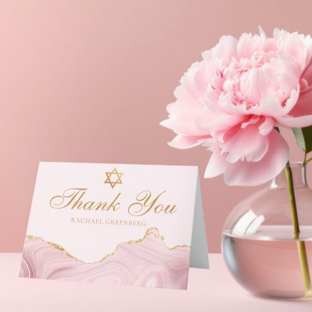 Chic Pink Gold Personalised Bat Mitzvah Thank You Card (Creator Uploaded)
