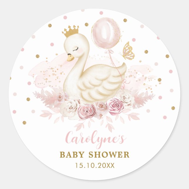 Chic Pink Gold Swan Princess Balloon Baby Girl Classic Round Sticker (Front)