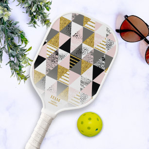 Chic Pink Gold Triangles Custom Monogram Text Pickleball Paddle