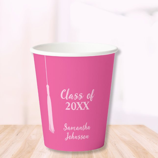 Chic Pink Grad Tassel Personalised Graduation  Paper Cups (Chic Pink Grad Tassel Personalized Graduation Paper Cups)