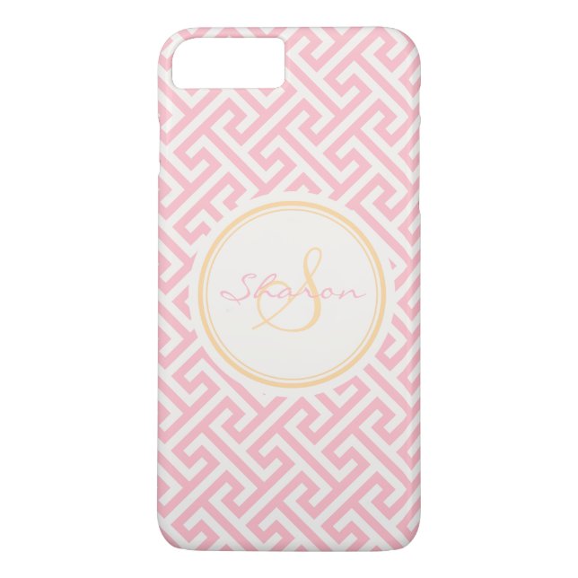 Chic pink greek key geometric pattern monogram Case-Mate iPhone case (Back)