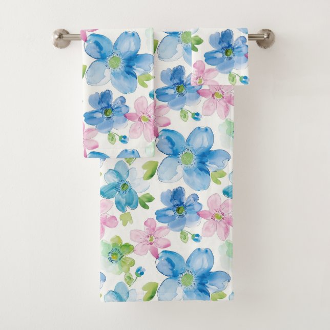 Chic Pink Green Blue Floral  Bath Towel Set (Insitu)
