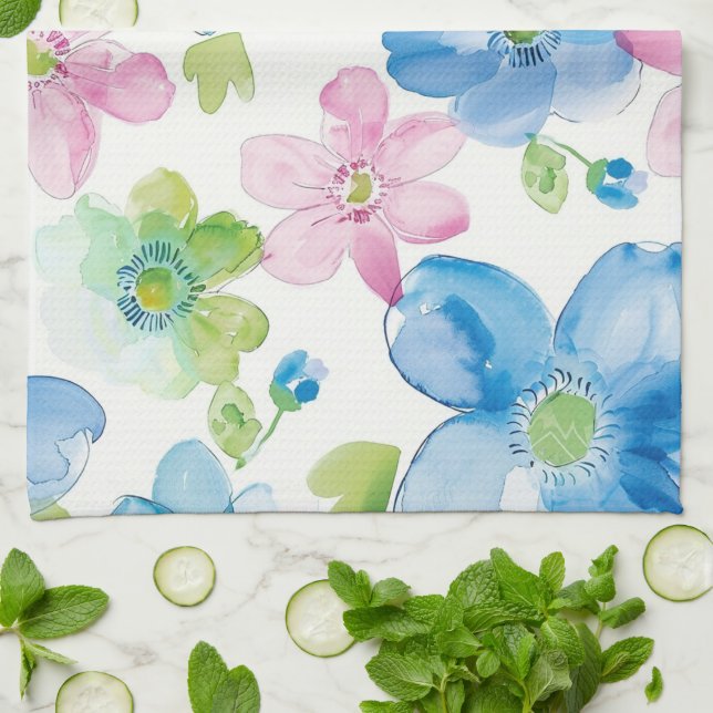 Chic Pink Green Blue Floral  Tea Towel (Folded)