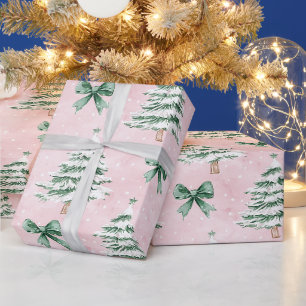 Chic Pink Green Christmas Trees Wrapping Paper