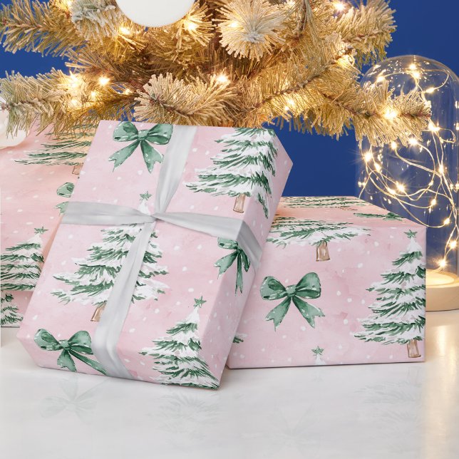 Chic Pink Green Christmas Trees   Wrapping Paper (Holidays)