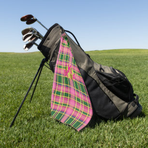 Chic Pink & Green Plaid Monogrammed Golf Towel