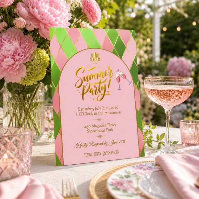 Chic Pink Green Summer Party Invitation (Chic 'Summer Party' Argyle Invitation )