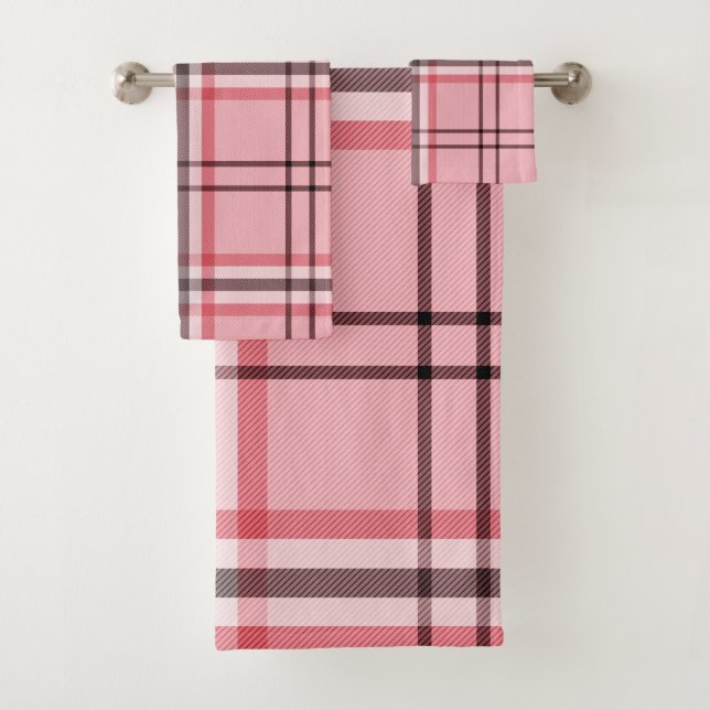 Chic Pink & Grey Plaid Fashion Pattern Bath Towel Set (Insitu)