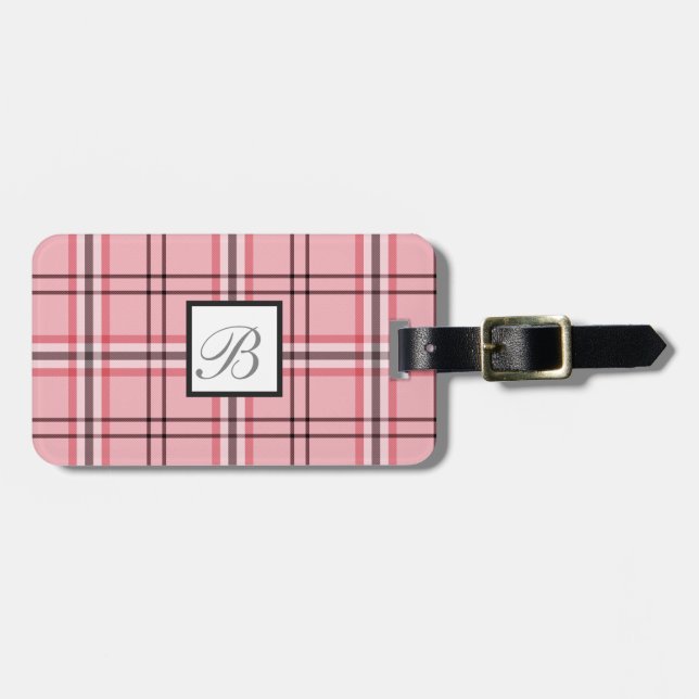 Chic Pink & Grey Plaid Fashion Pattern Luggage Tag (Front Horizontal)