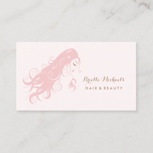 Chic Pink Hairstylist Woman With Long Flowing Hair Business Card (Front)