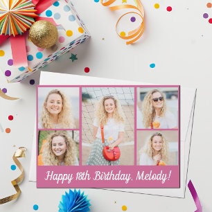 Chic Pink Happy Birthday Photo Collage Flat Card