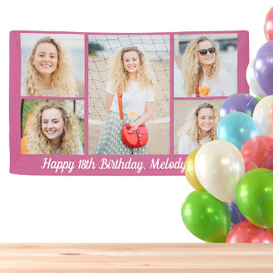 Chic Pink Happy Birthday Photo Collage Party Banner