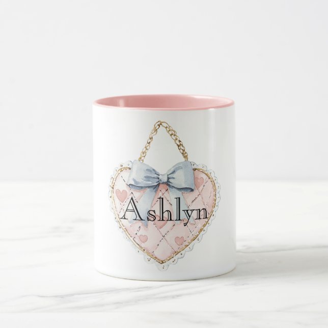 Chic Pink Heart Blue Bow Mug (Center)
