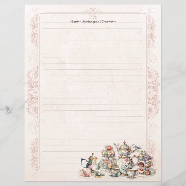 Chic Pink High Tea Party Monogram Lined Stationery (Front)