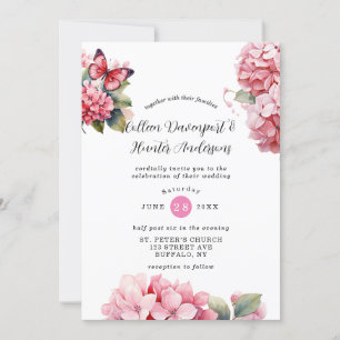 Chic Pink Hydrangea Butterfly Wedding Invitation