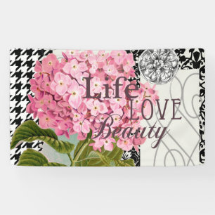 Chic Pink Hydrangea Collage Vintage Damask Art Banner