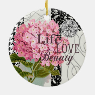 Chic Pink Hydrangea Collage Vintage Damask Art Ceramic Tree Decoration