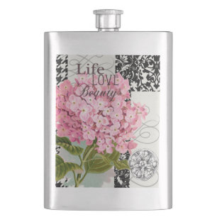 Chic Pink Hydrangea Collage Vintage Damask Art Hip Flask