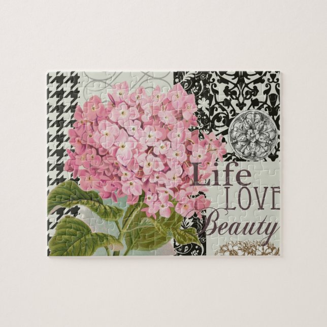 Chic Pink Hydrangea Collage Vintage Damask Art Jigsaw Puzzle (Horizontal)