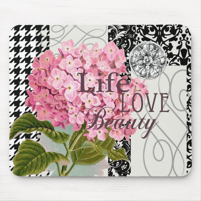 Chic Pink Hydrangea Collage Vintage Damask Art Mouse Pad (Front)